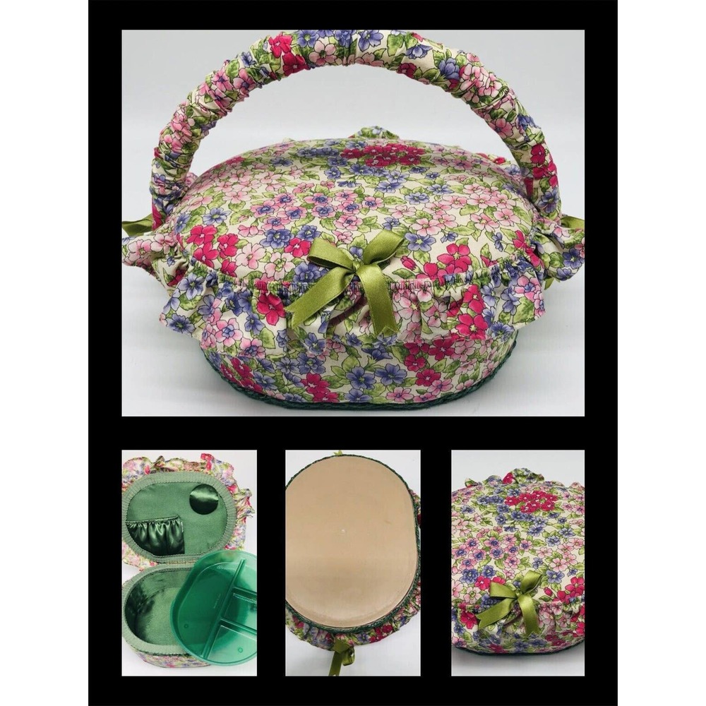 VINTAGE Sewing Basket Kit Jewelry Case Pink Floral Print Fabric Trinket Store A1
